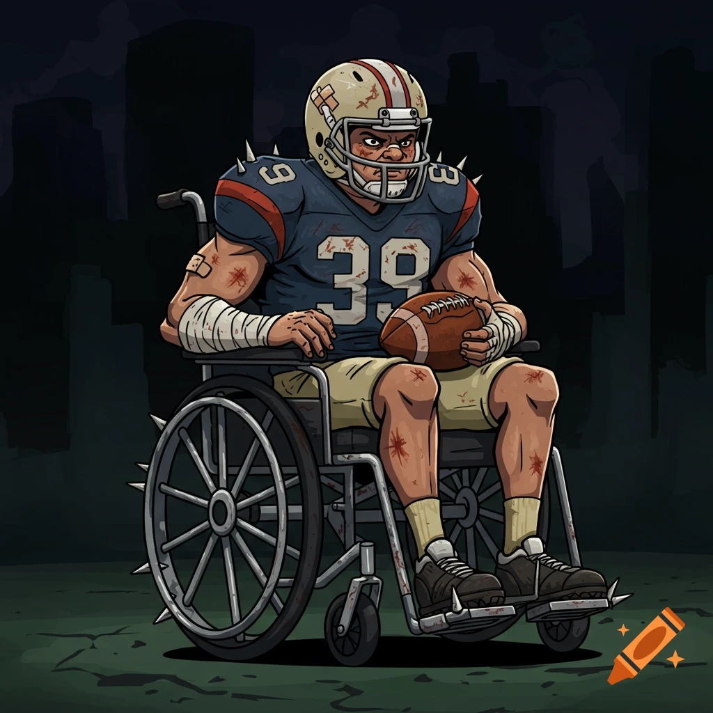 Dark cartoon football player in a spiked wheelchair, helmet cracked, holding a football, against a gritty background.