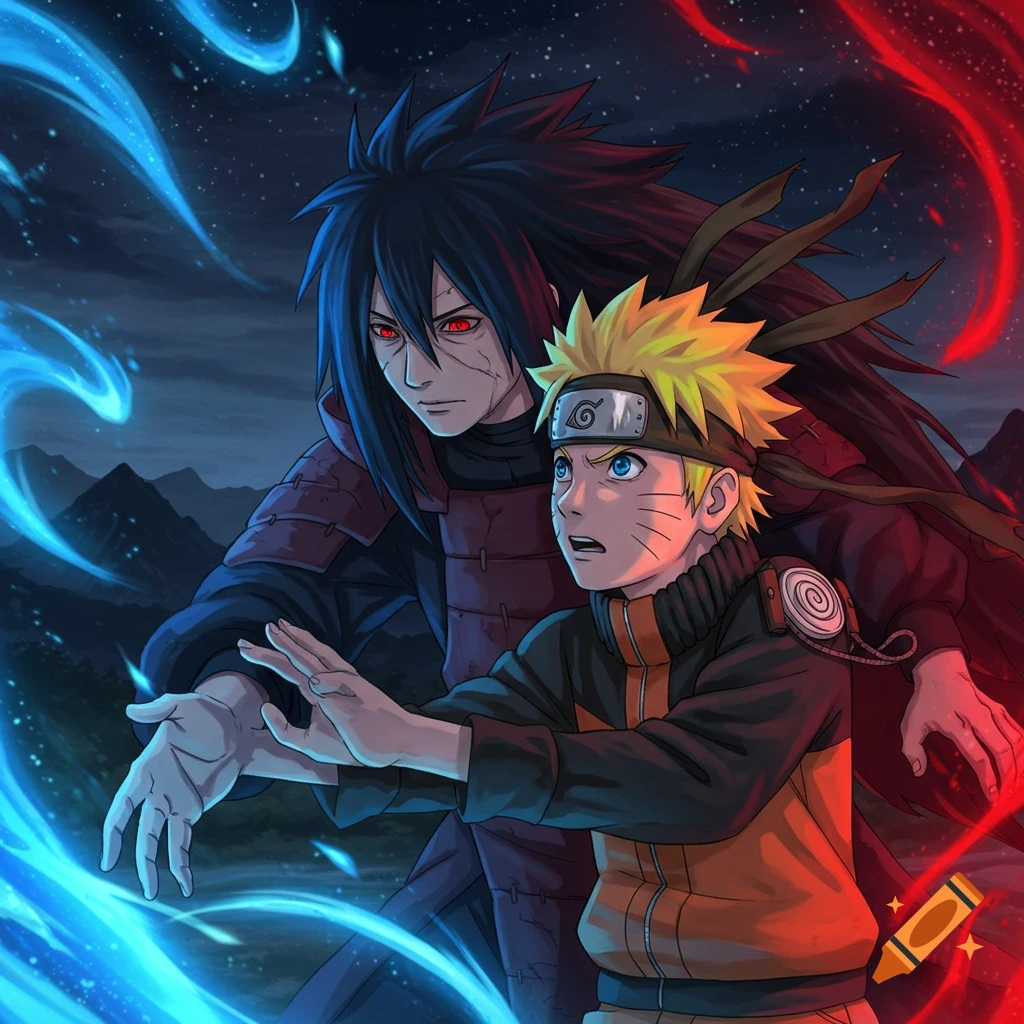 Anime illustration of a startled Naruto and a stern Madara surrounded by blue and red energy against a dark, starry night.