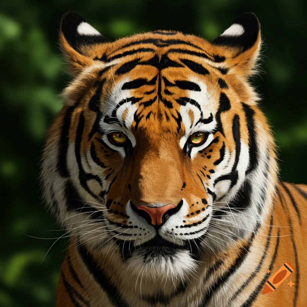 Photorealistic headshot of a Bengal tiger with orange and black stripes and yellow eyes, set against a green background.