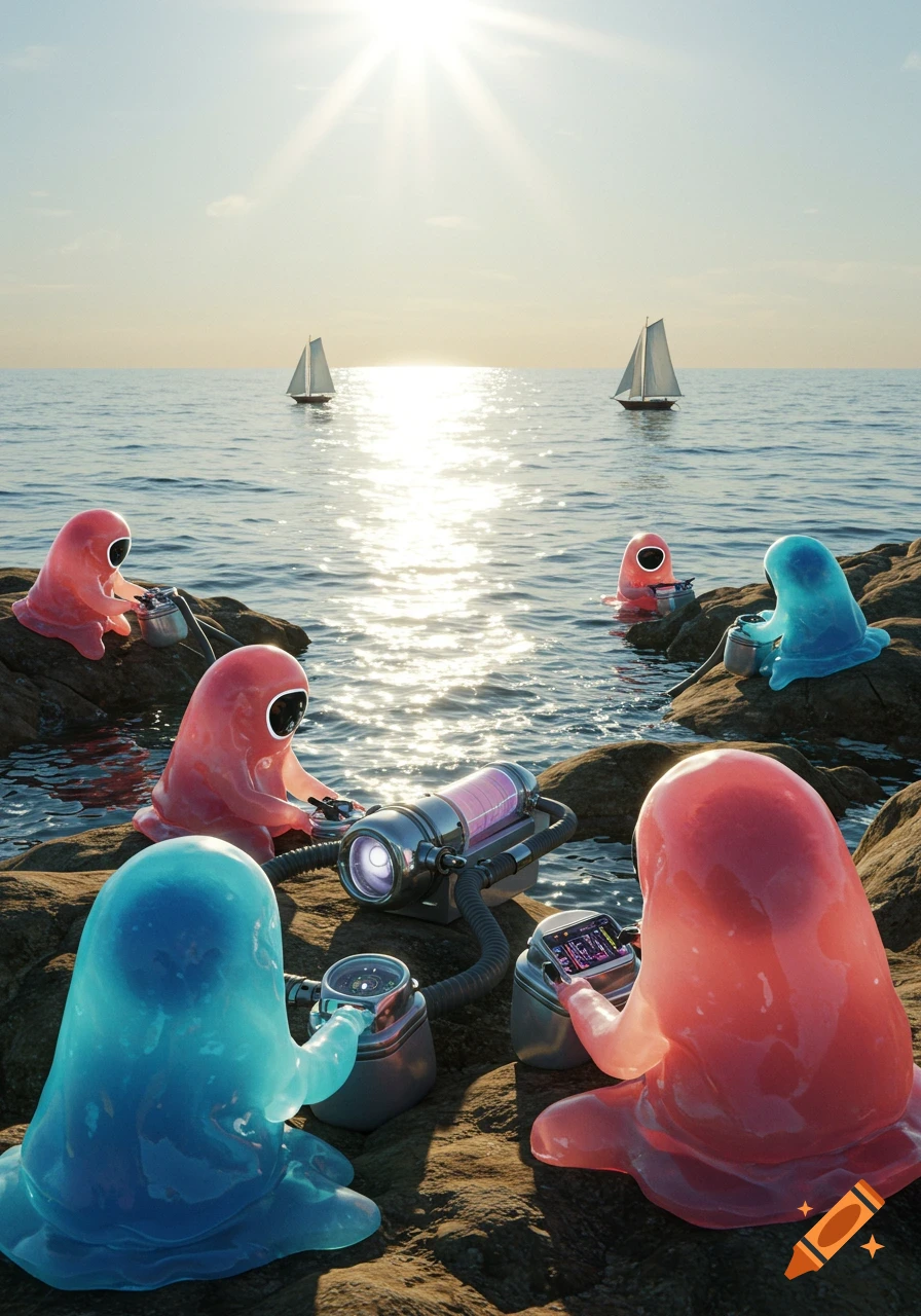 Photorealistic image of translucent red and blue blob-like aliens operating futuristic desalination machines on a rocky coast with sailboats on the ocean.