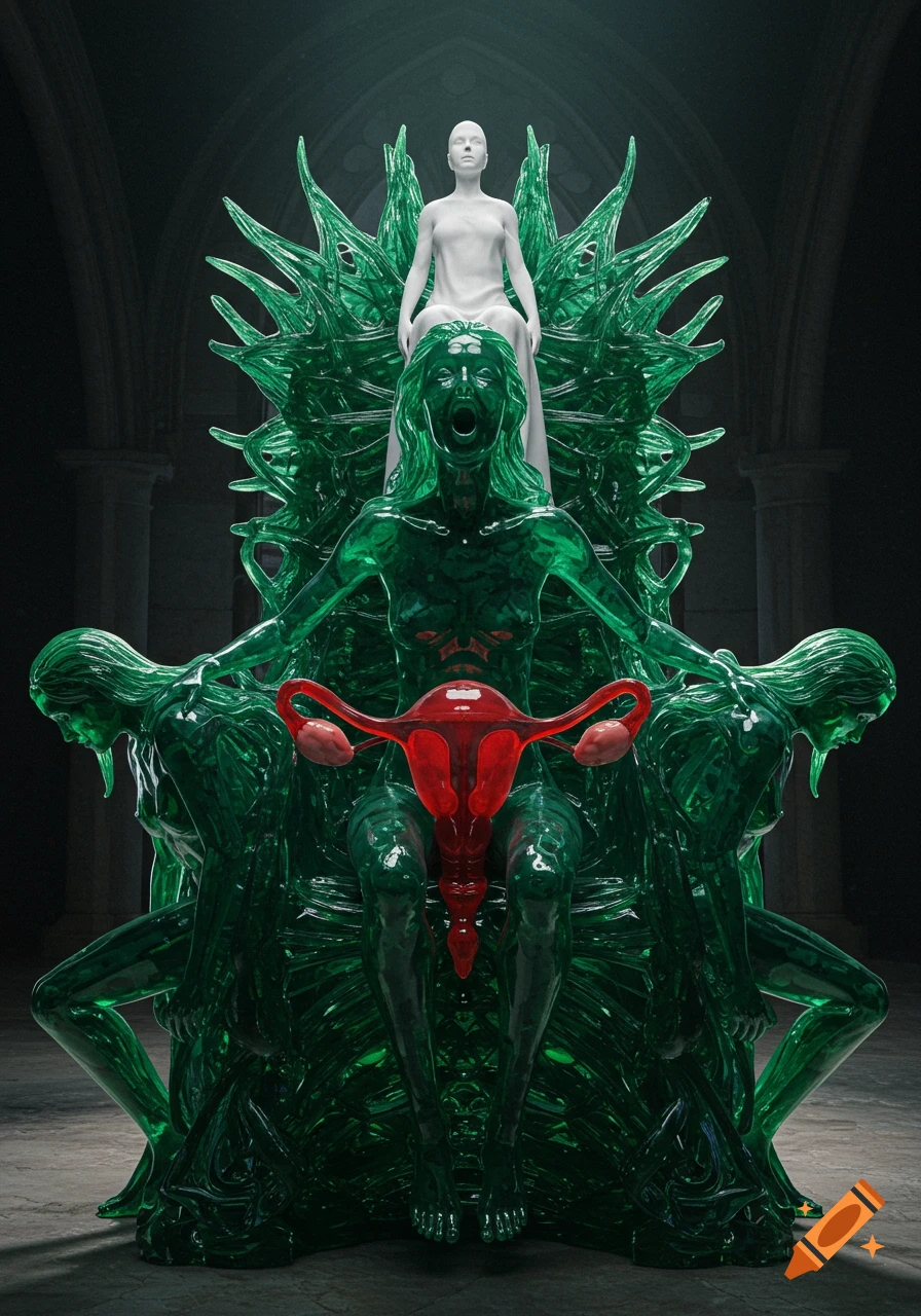 A green glass throne featuring a shrieking glass woman holding a red glass uterus. A white figure sits atop, flanked by two more glass women.