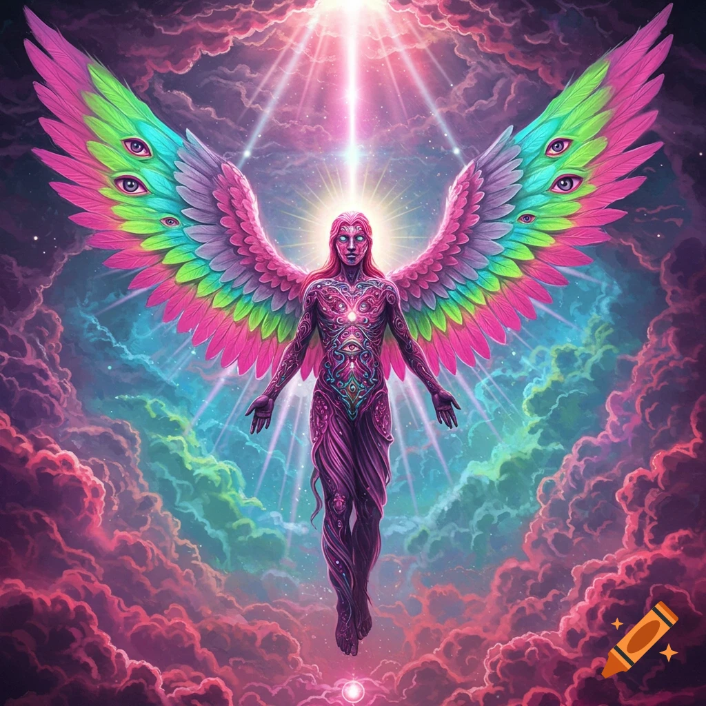 A vibrant, psychedelic angel with many eyes and colorful wings floats in a surreal, cloudy sky with bright light rays.