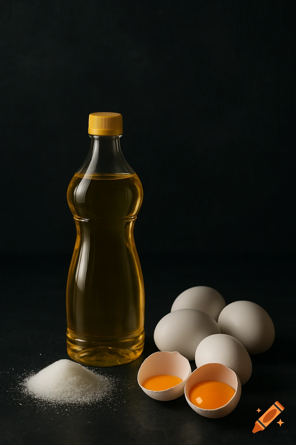 Still life photo of a bottle of sunflower oil, sugar, and white eggs, including cracked ones with yolks, on a black background.
