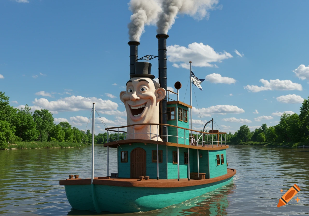 A CGI steamer boat with a large, grinning human face on its chimney, smoking, sailing on a river under a blue sky.