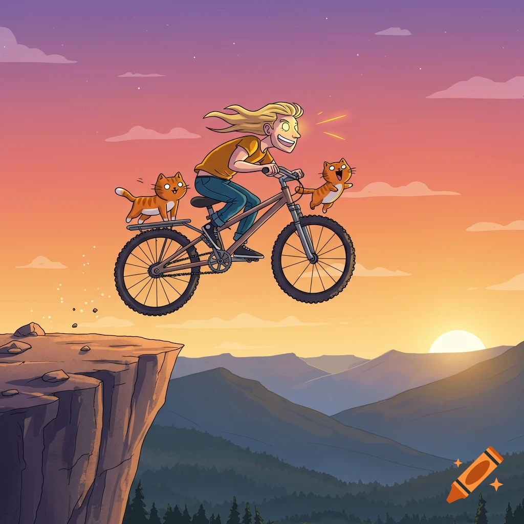 Cartoon illustration of a person on a mountain bike jumping off a cliff with two ginger cats at sunset.