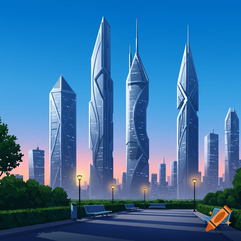 Digital illustration of a futuristic city skyline at dusk with sleek skyscrapers, a foreground park with benches and streetlights.