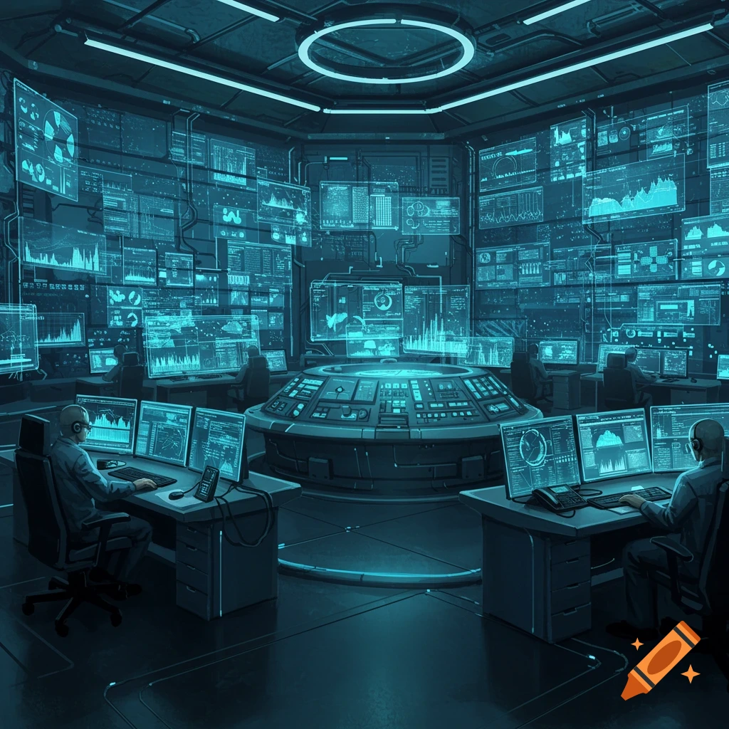 A dark, futuristic control room with multiple operators at workstations, surrounded by glowing blue screens displaying data and graphs.