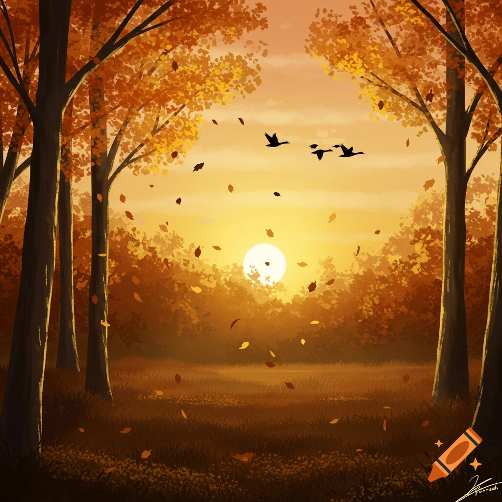 Illustrated autumn forest with golden leaves falling, bright sunset, and three birds flying.