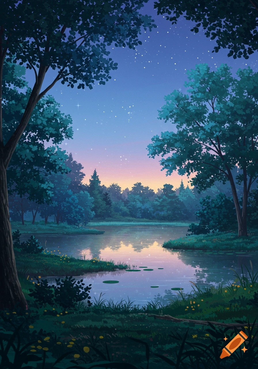 A serene digital painting of a forest lake at twilight, with stars in the sky and soft reflections on the water.