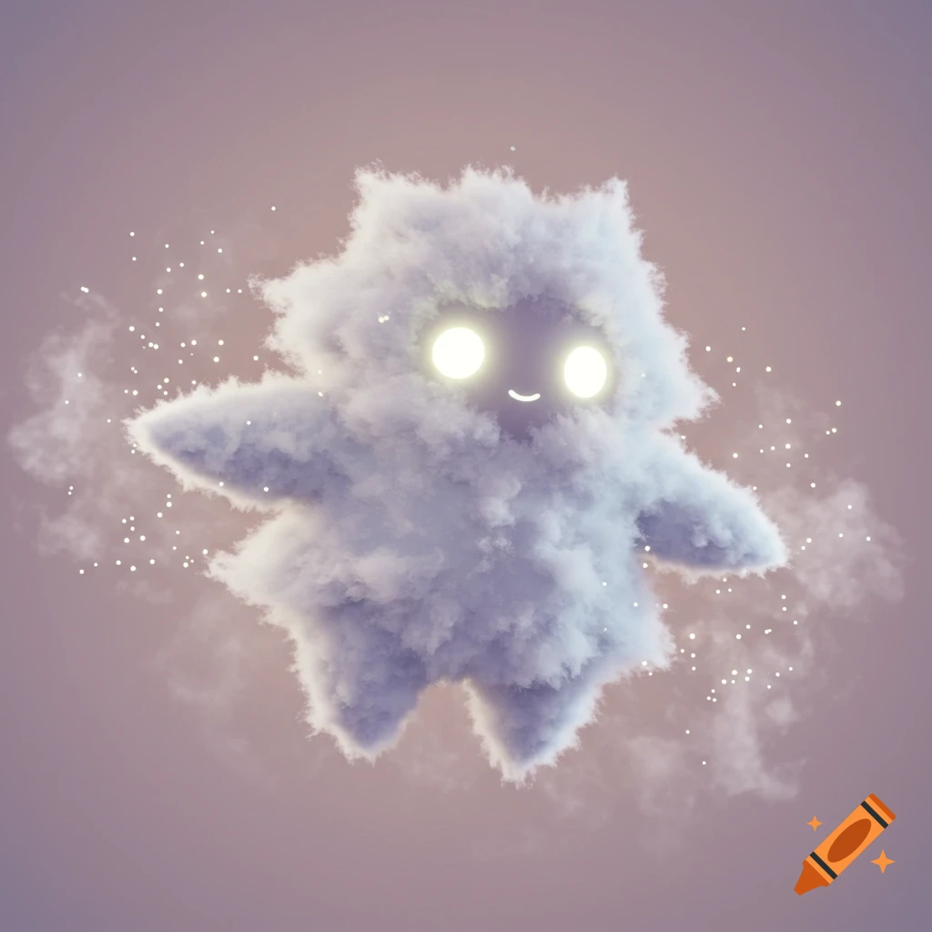 A cute, whimsical cloud sprite with glowing eyes and a soft, misty body floats against a light purple background in a stylized cartoon.