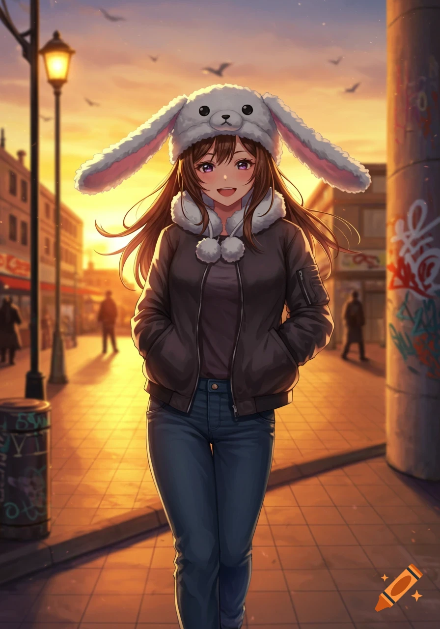 Smiling anime girl with long brown hair, wearing a white bunny hat, dark jacket, and jeans, walking on a city street at sunset.