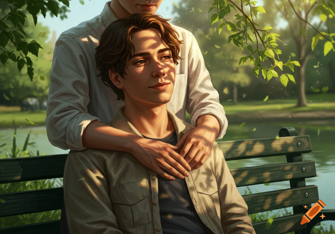 Two men sit on a park bench, one embracing the other from behind, in a sun-dappled park scene. Digital art style.