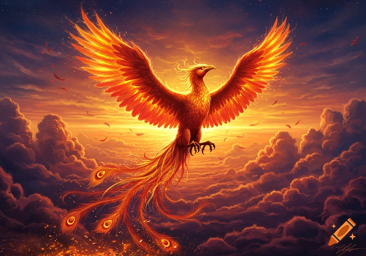 A vibrant phoenix with fiery orange and red wings and tail feathers soars majestically through a dramatic sunset sky filled with glowing clouds.
