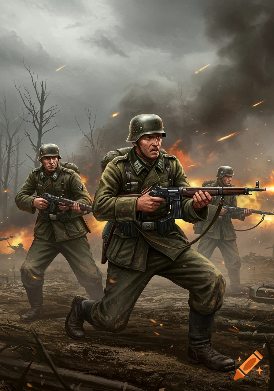 Three German Wehrmacht soldiers in helmets and green uniforms advance through a smoky, fiery battlefield with bare trees and debris.