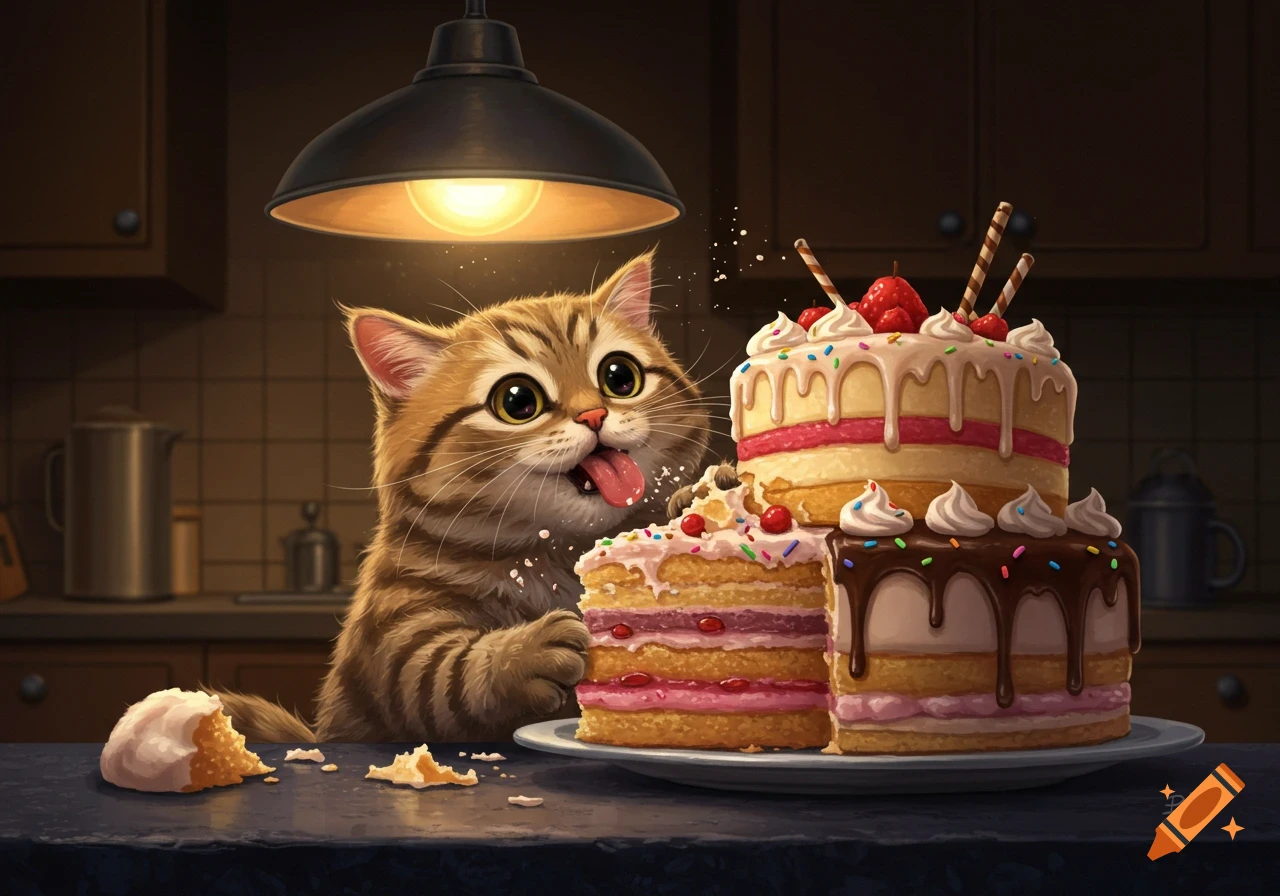 A wide-eyed tabby cat with its tongue out stands on a kitchen counter, about to eat a tall, colorful cake.