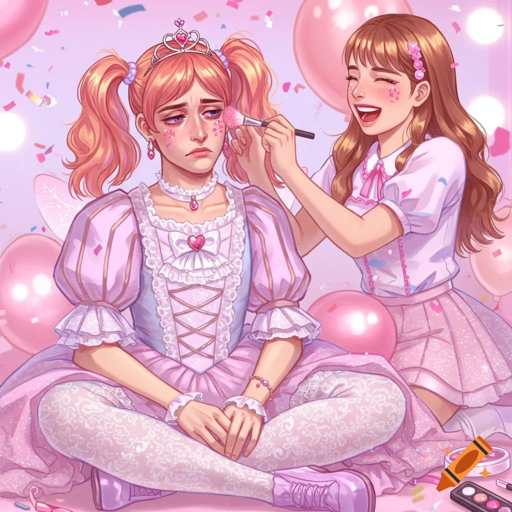 An illustration of a sad person in a pink princess dress getting glitter makeup applied by a laughing friend amidst balloons and confetti.