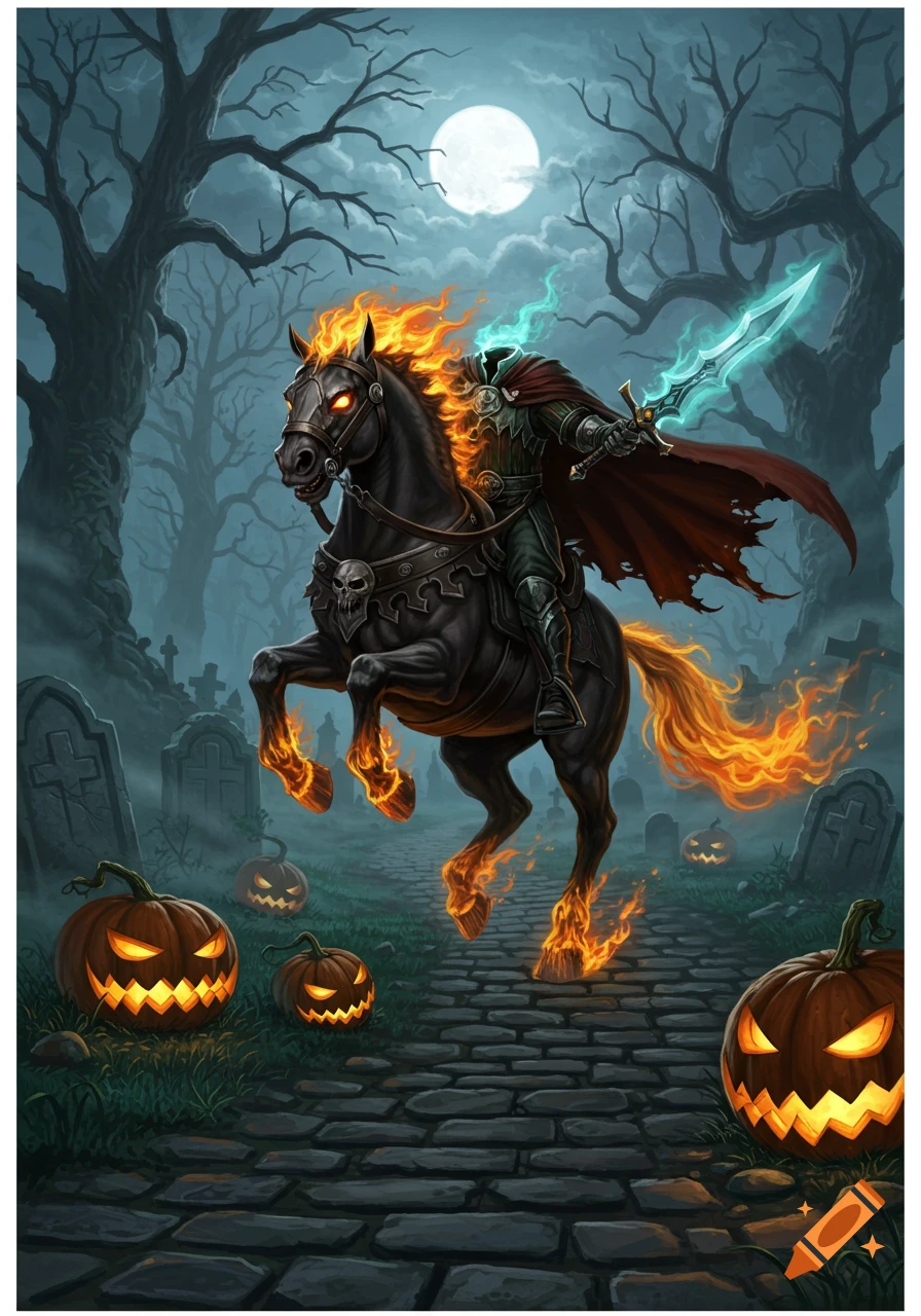 Headless Horseman on a fiery black horse, glowing sword, in a misty graveyard with jack-o'-lanterns under a full moon. Fantasy art.