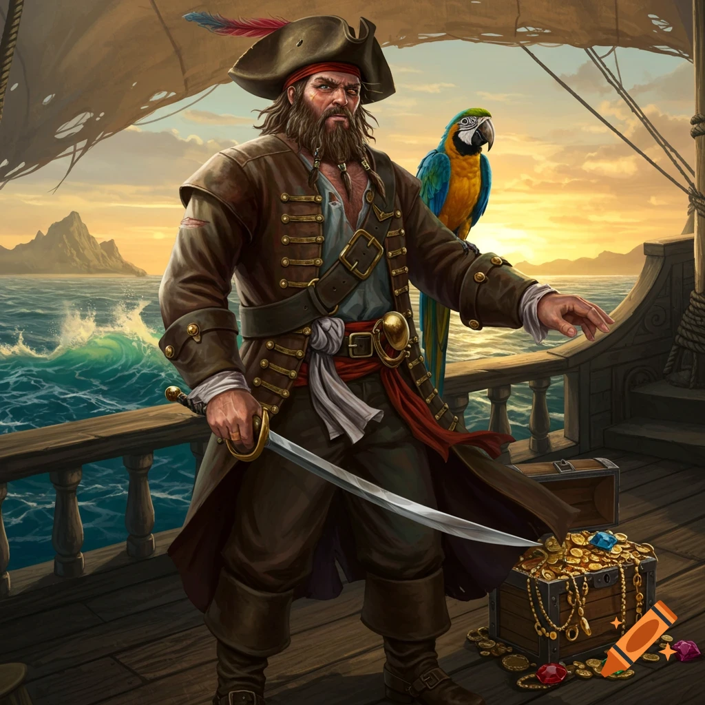 Illustrated pirate with a sword and parrot on a ship's deck at sunset, treasure chest nearby.