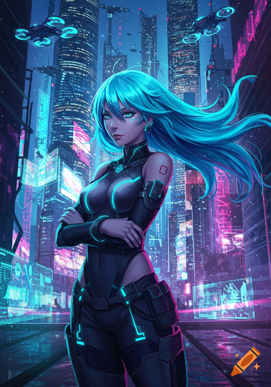 A woman with bright blue hair and glowing eyes in a futuristic city at night, illuminated by neon lights and flying drones.