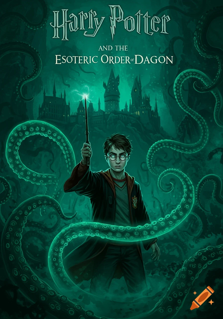 Harry Potter with glowing wand, surrounded by green tentacles and a dark castle. Book cover title: 'Harry Potter and the Esoteric Order of Dagon'.