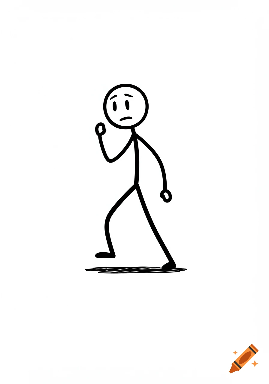 A simple black-and-white stick figure walks with a slightly worried or sad expression, looking forward with one hand raised.
