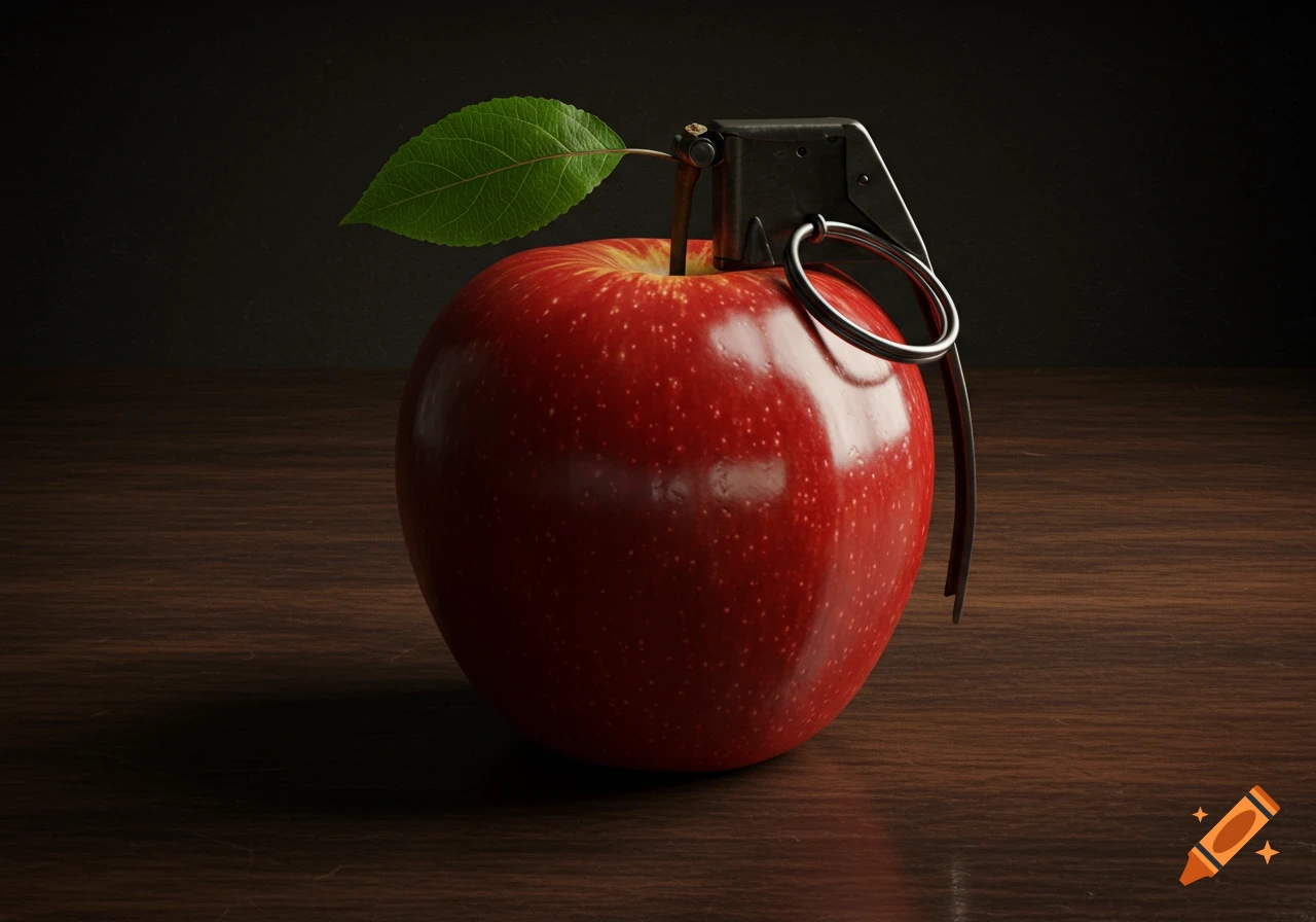 A hyper-realistic red apple with a grenade pin and lever integrated into its stem, sitting on a dark wooden table.
