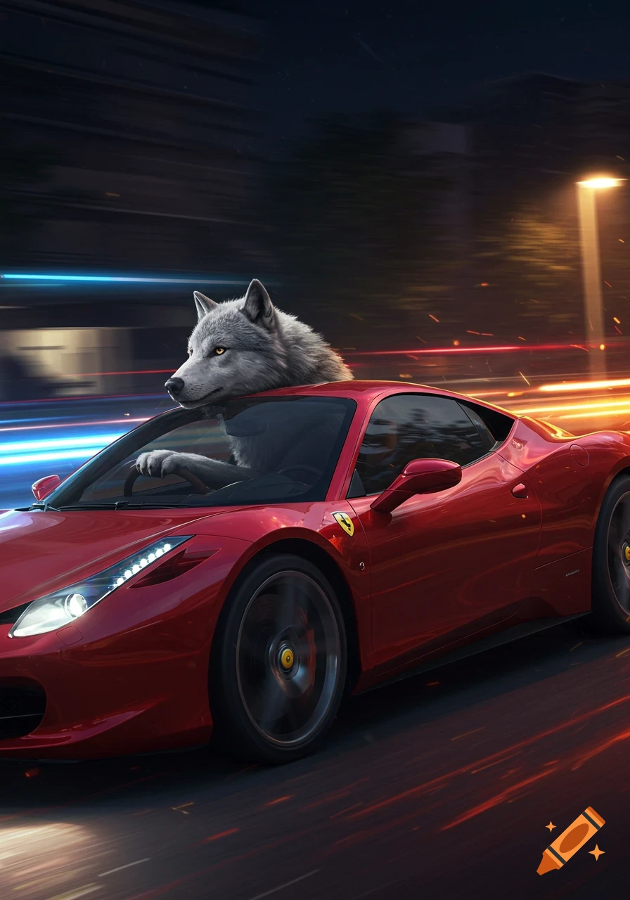 A photorealistic wolf drives a red Ferrari sports car at high speed at night, with motion blur and glowing light trails.