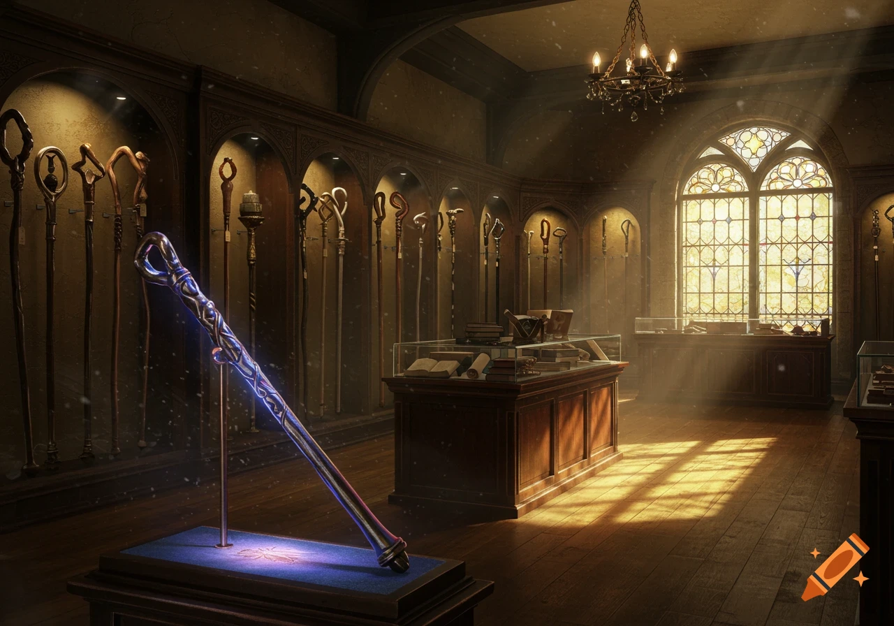 Photorealistic view of a dusty magic staff shop with a glowing staff on display, shelves of various staffs, and sunbeams through a large stained-glass window.