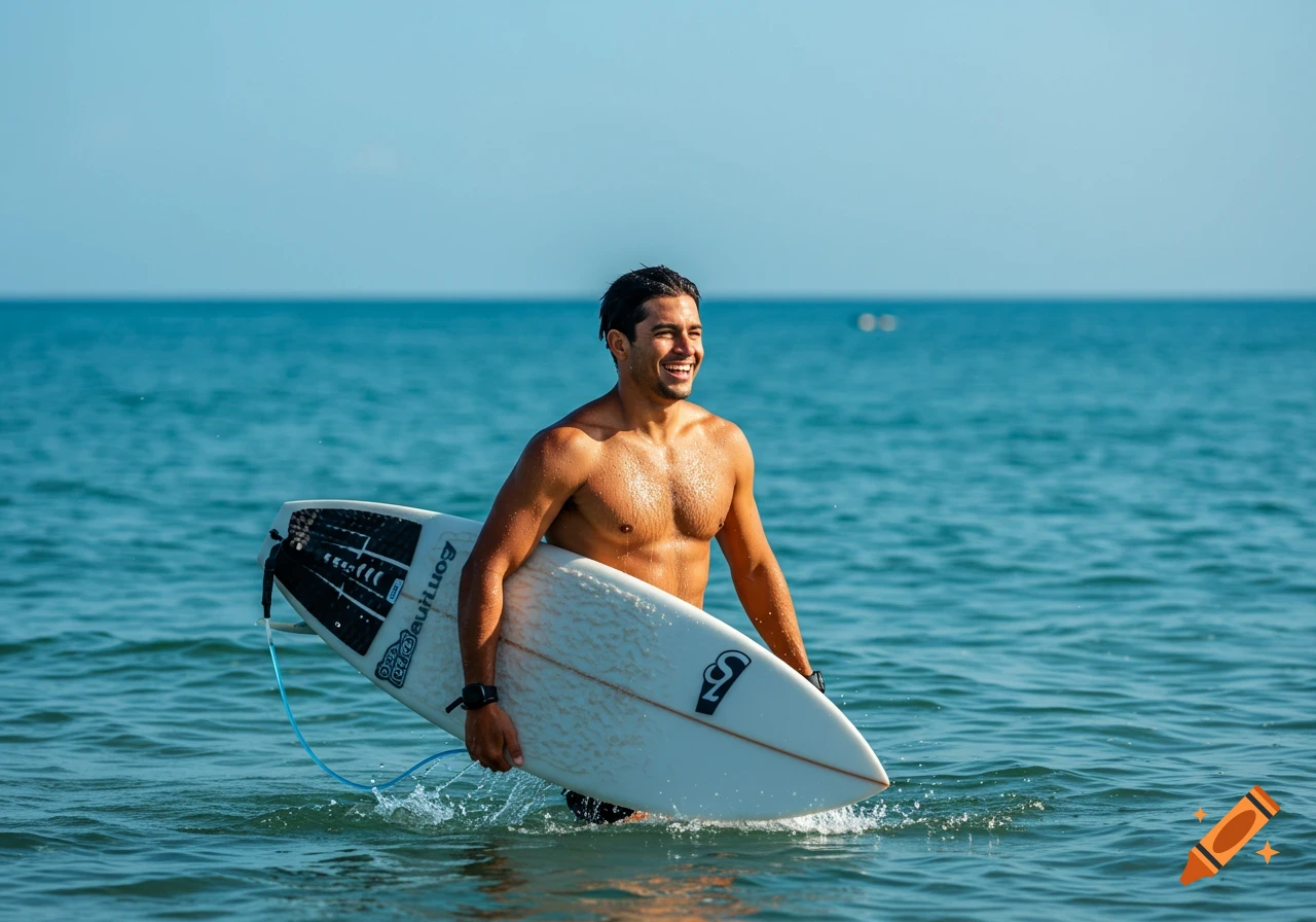 A smiling, shirtless man with a tan emerges from the blue ocean, holding a surfboard in his right hand. Photorealistic.