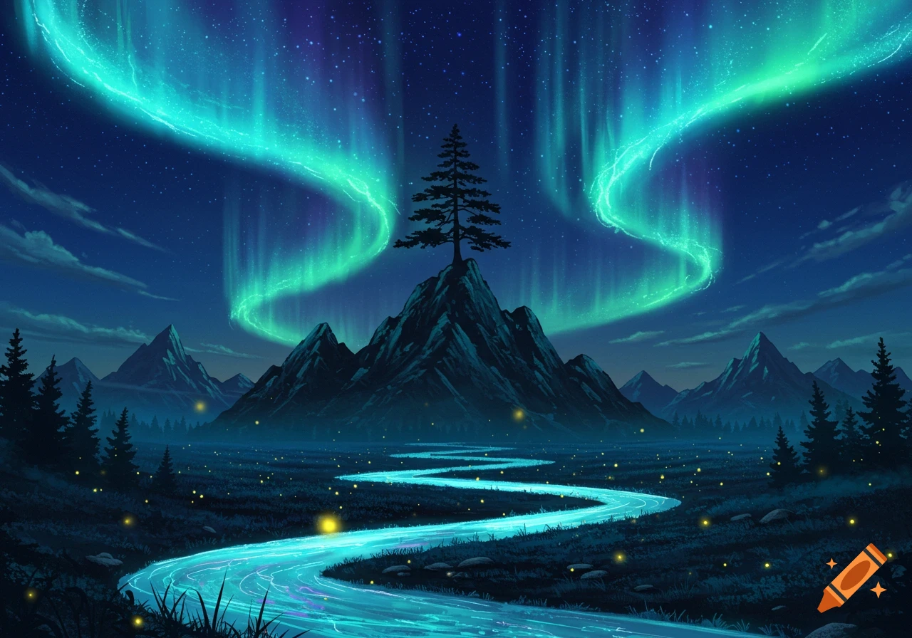 Stylized night landscape with vibrant aurora borealis over a mountain with a single pine tree, a glowing blue river, and fireflies.