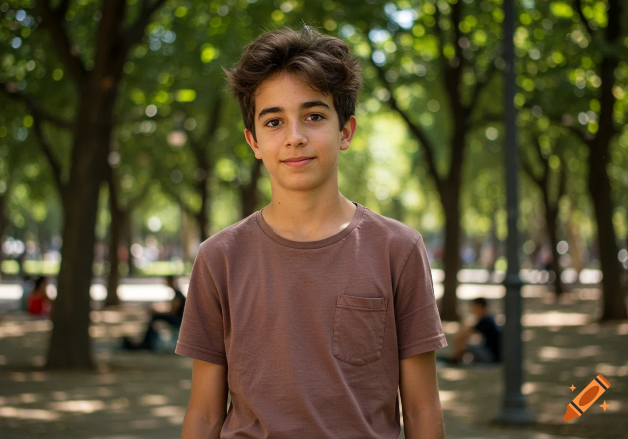 A young boy with brown hair, wearing a brown t-shirt, smiles gently at the camera in a sunny park.