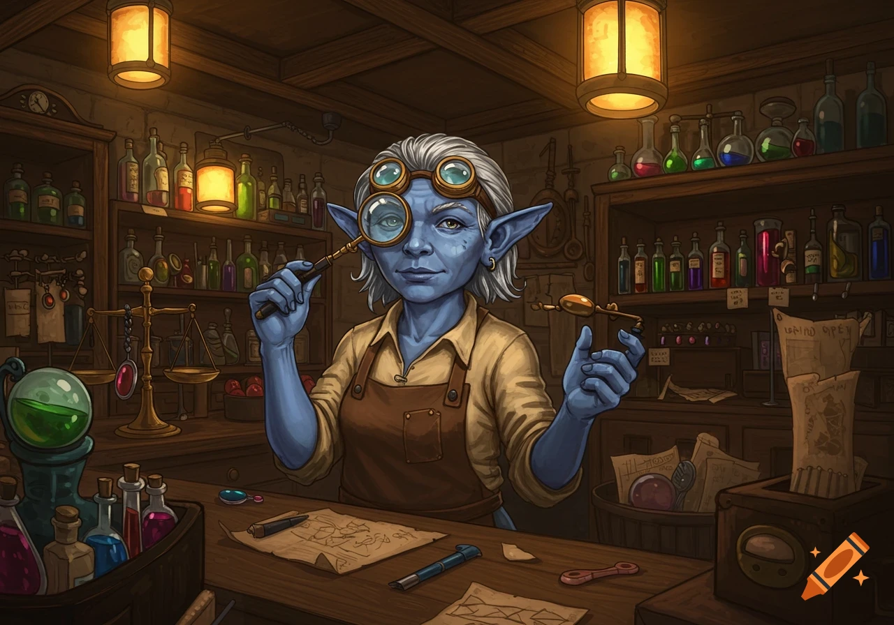 A blue-skinned deep gnome shopkeeper with goggles and an apron holds a magnifying glass and another object in a fantasy alchemy shop.