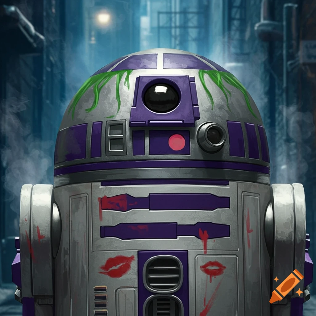 A Joker-themed R2-D2 robot with purple and green paint, and red lipstick marks, stands in a dark alley.
