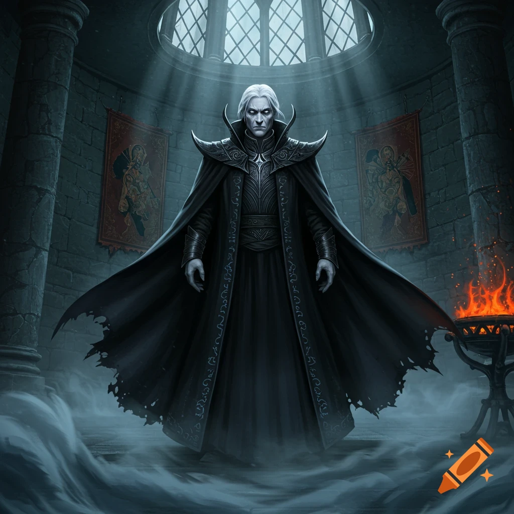 A pale, white-haired villain in a dark, ornate robe stands menacingly in a gothic stone chamber, bathed in light from a round window.