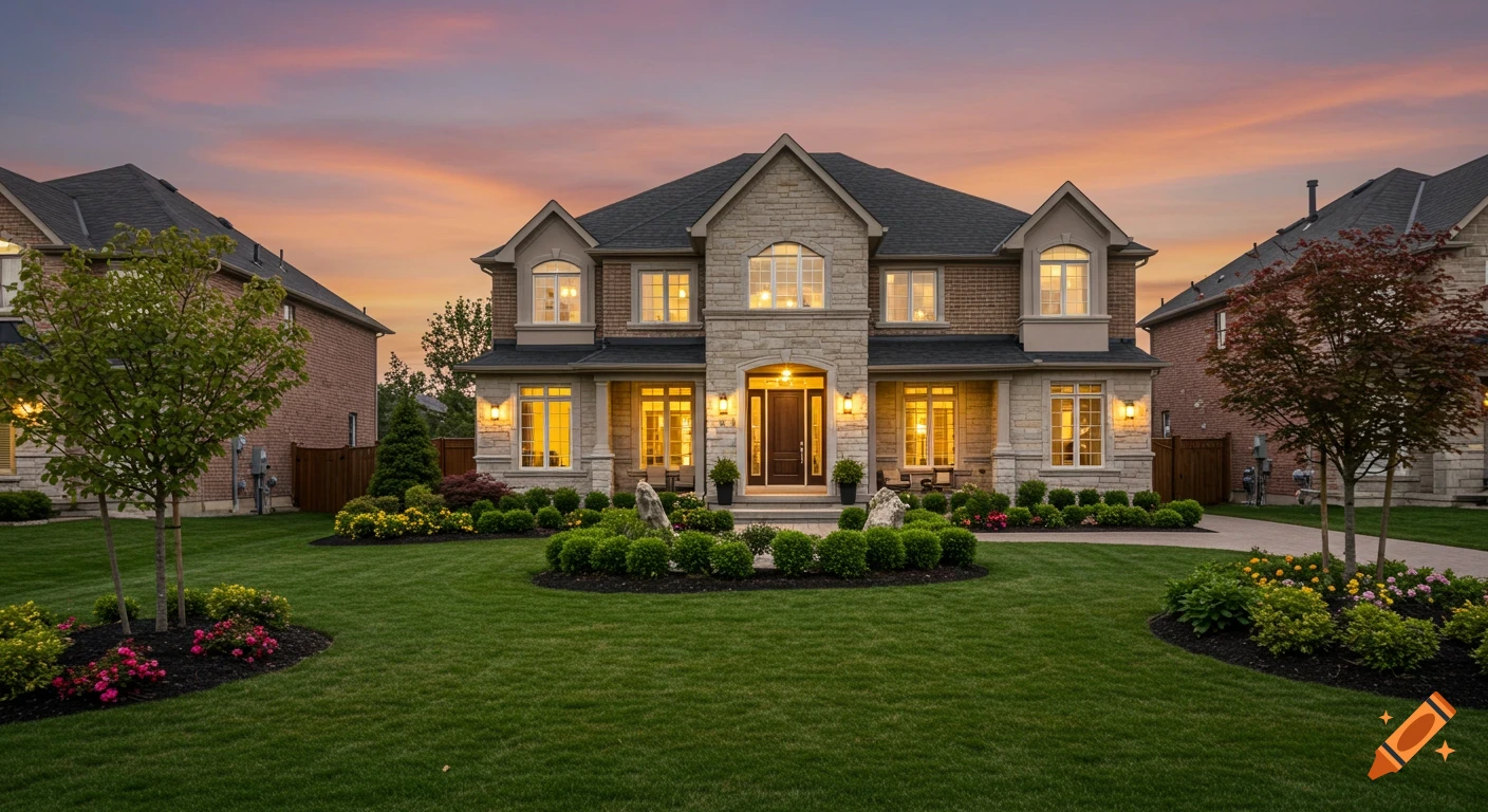 A luxury detached home with a wide front yard at sunset, featuring warm lighting.