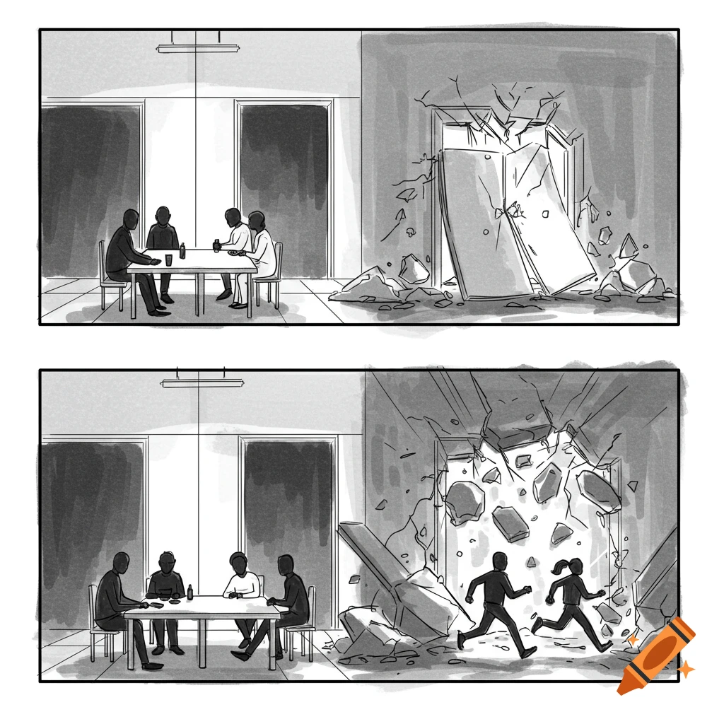 Two-panel black and white comic showing people seated at tables in an interior, then running as a wall collapses.