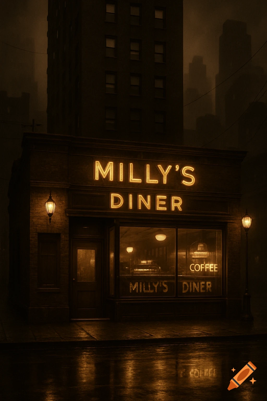 Milly's Diner glowing on a dark, rainy city street at night in a realistic photographic style.