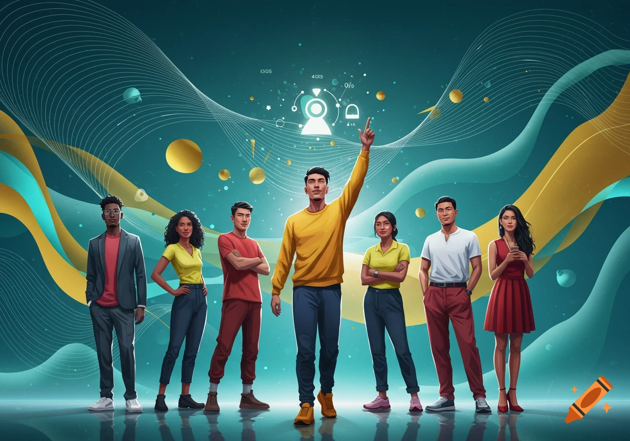 A diverse group of men and women stand together in a vibrant, stylized illustration with abstract lines and shapes in the background.