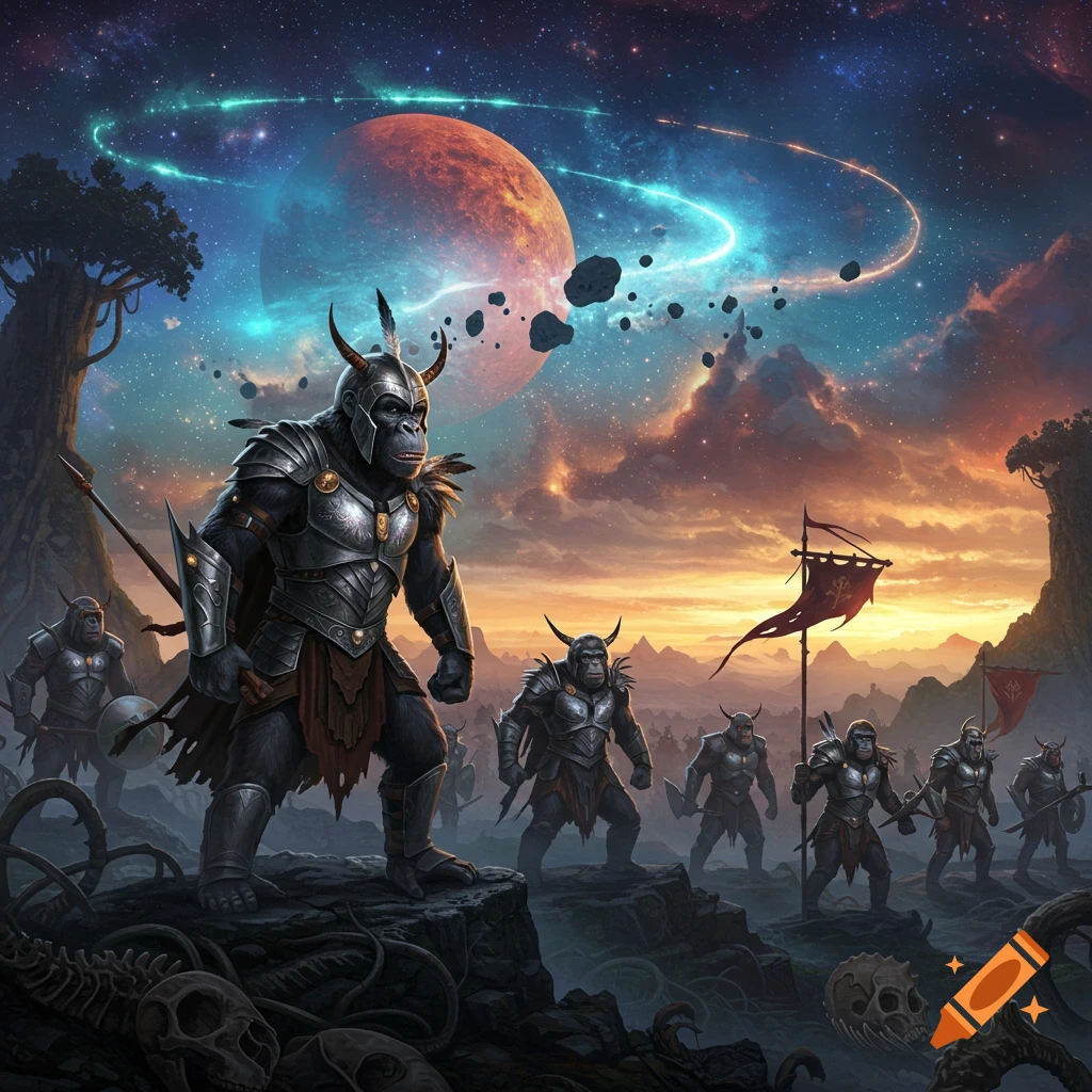 Apes warriors in detailed armor stand on a rocky alien landscape under a vibrant space sky with a large planet and asteroid field.