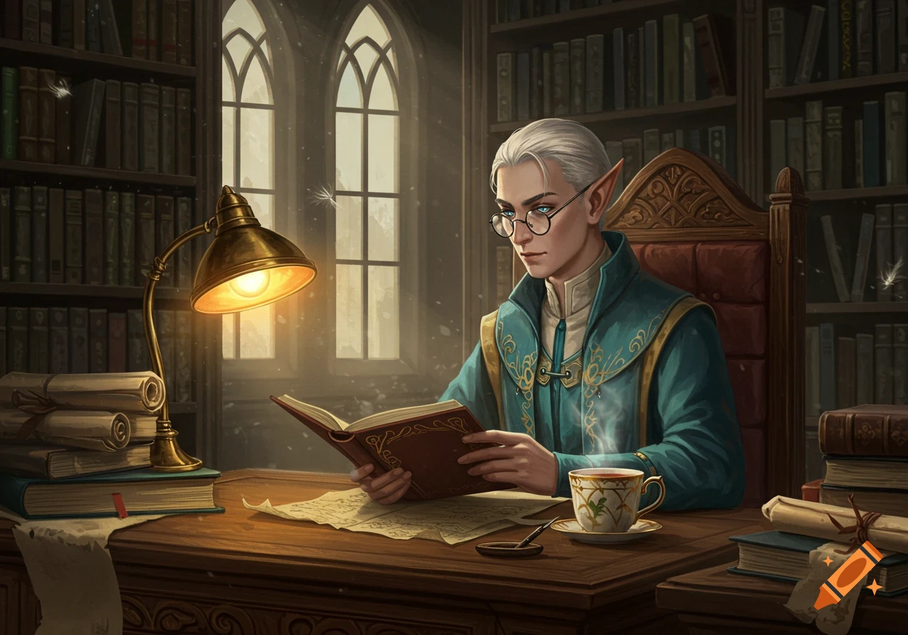 An elf librarian with white hair and glasses reads a book at a wooden desk in a cozy library, digital painting.