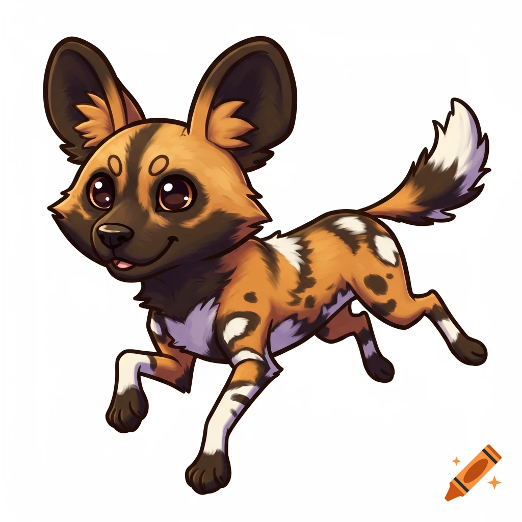 A cute, stylized cartoon African wild dog with large ears, brown and orange  fur with black and white markings, in a playful pose. on Craiyon, image size:1024x1024