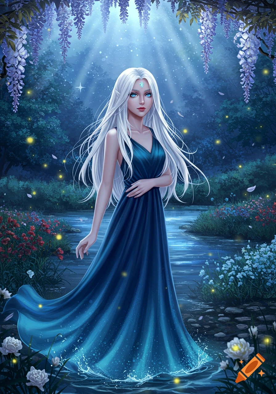 Fantasy woman with long white hair in a blue dress stands in a magical forest with wisteria and glowing lights.