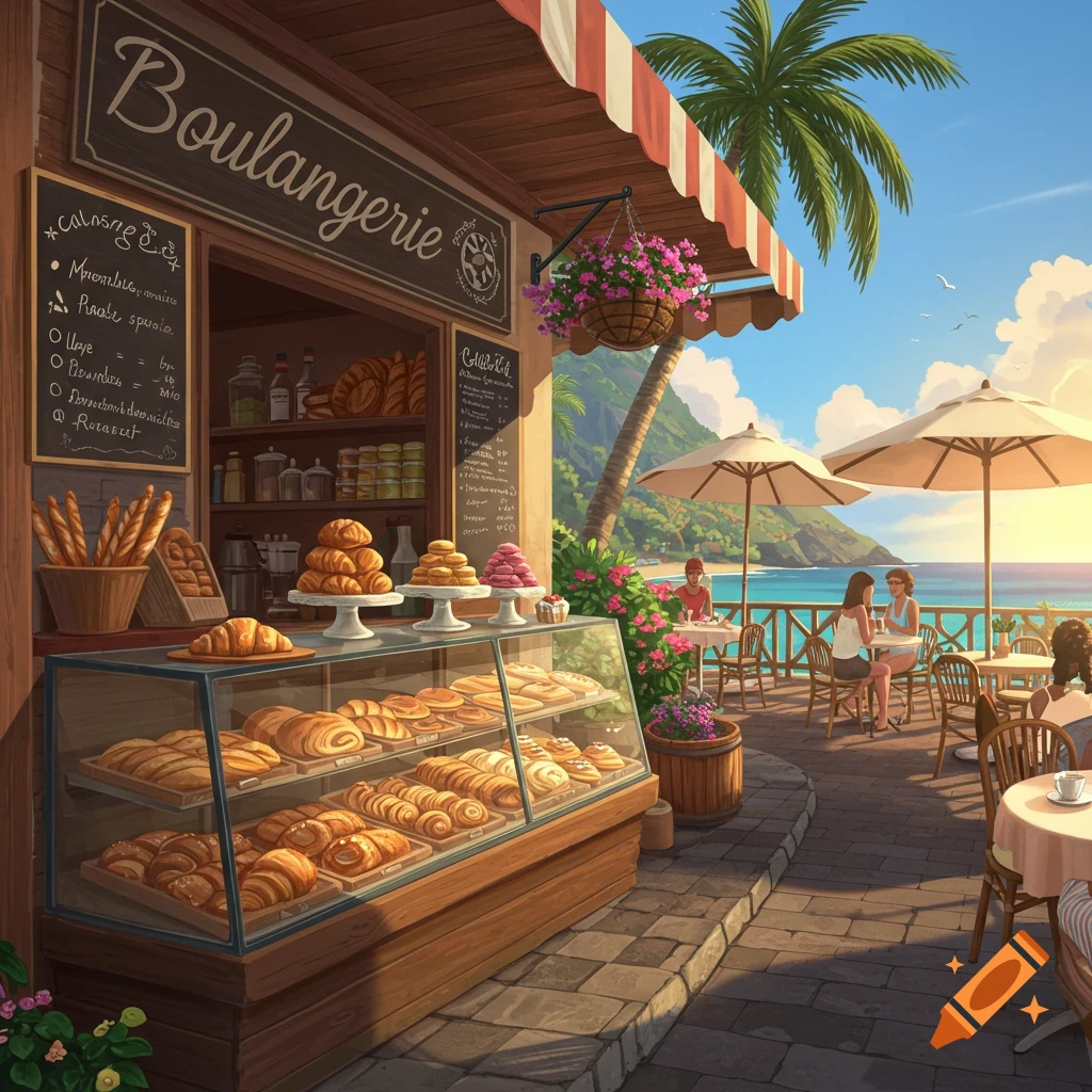 A vibrant boulangerie and cafe with an outdoor patio overlooking a tropical beach. Customers enjoy pastries and drinks under umbrellas, with palm trees and a lush mountain in the background.