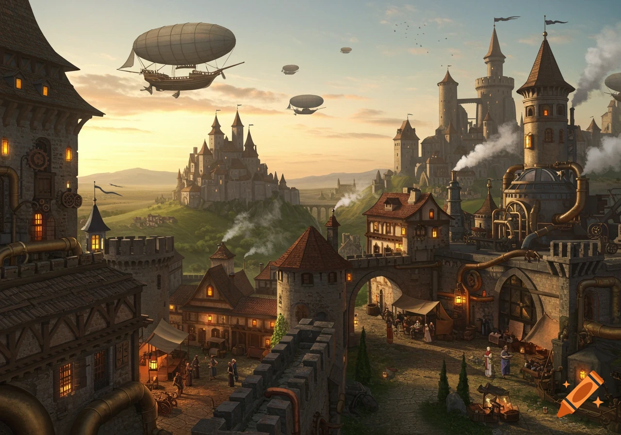 A panoramic view of a sprawling steampunk medieval kingdom with castles, airships, and intricate buildings at sunset.