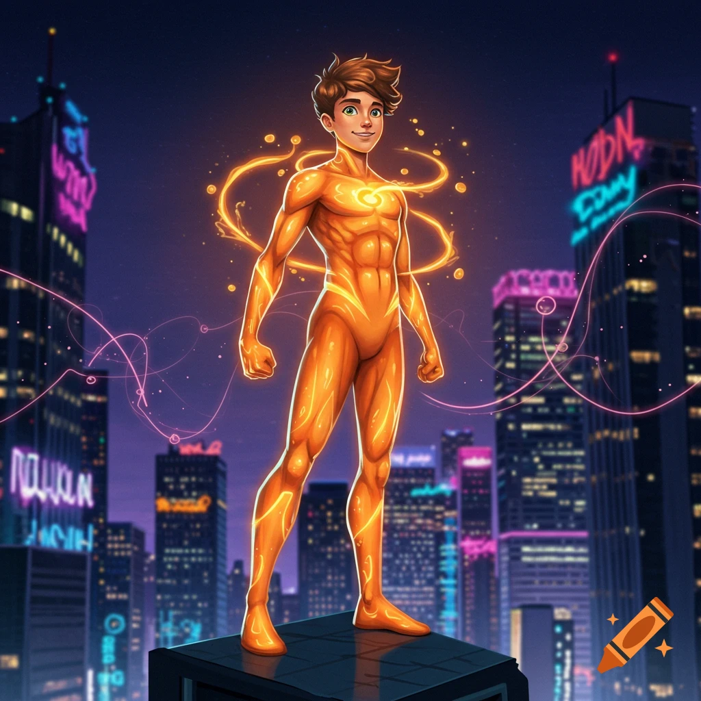 A glowing orange superhero boy with brown hair stands on a rooftop against a futuristic city skyline with neon lights.