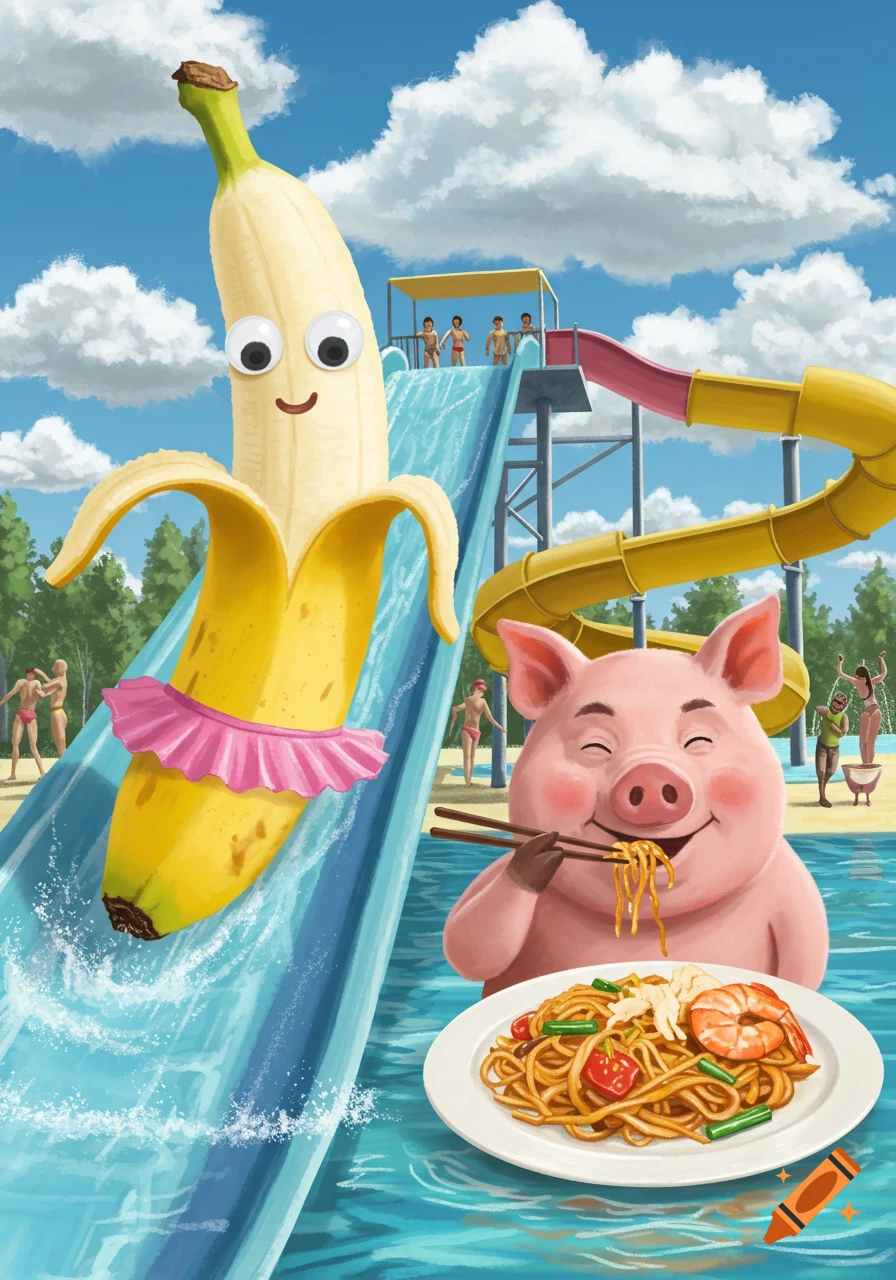 A cartoon banana with googly eyes and a pink tutu slides down a water slide next to a pig happily eating Pad Thai with chopsticks in a pool at a water park.