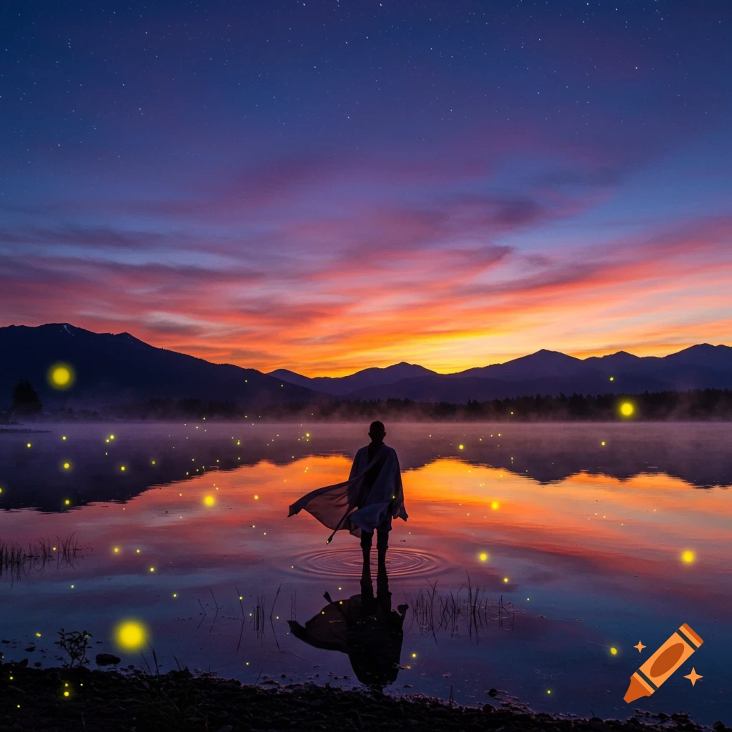 A person in a robe stands in a lake, reflecting a vibrant orange and purple sunset sky with stars and glowing fireflies, against a mountain backdrop.
