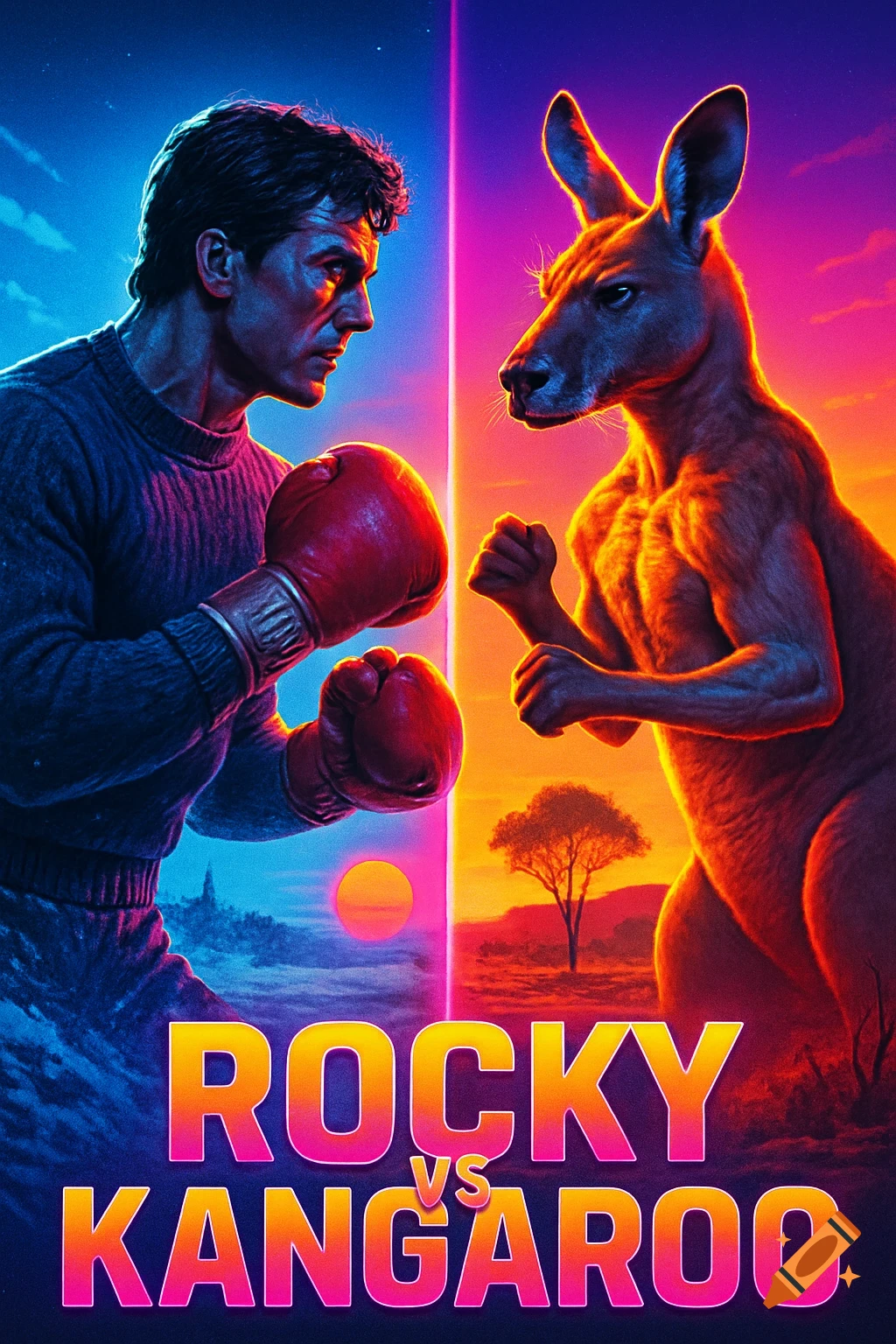 80s synthwave movie poster of Rocky Balboa and a muscular kangaroo facing off, text 'ROCKY VS KANGAROO'.