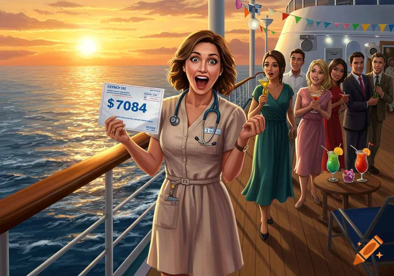 A jubilant nurse in a beige uniform holds a check for $7084 on a cruise ship at sunset, surrounded by other smiling passengers holding drinks.