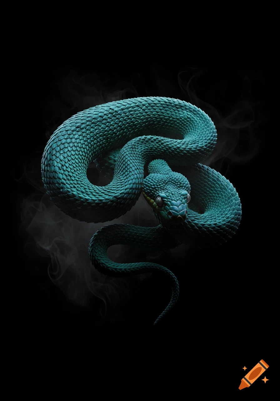 A detailed teal-green snake, coiled and facing forward, against a dark black background with subtle wisps of smoke.